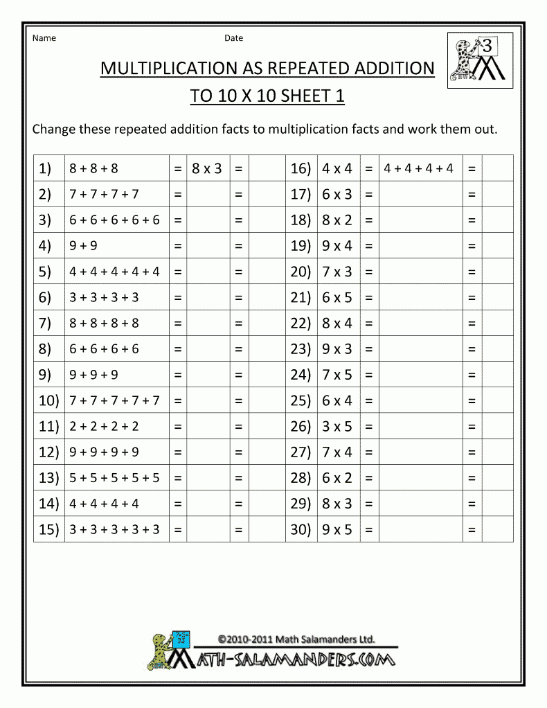 Repeated Addition Multiplication Worksheets Printable Word Searches