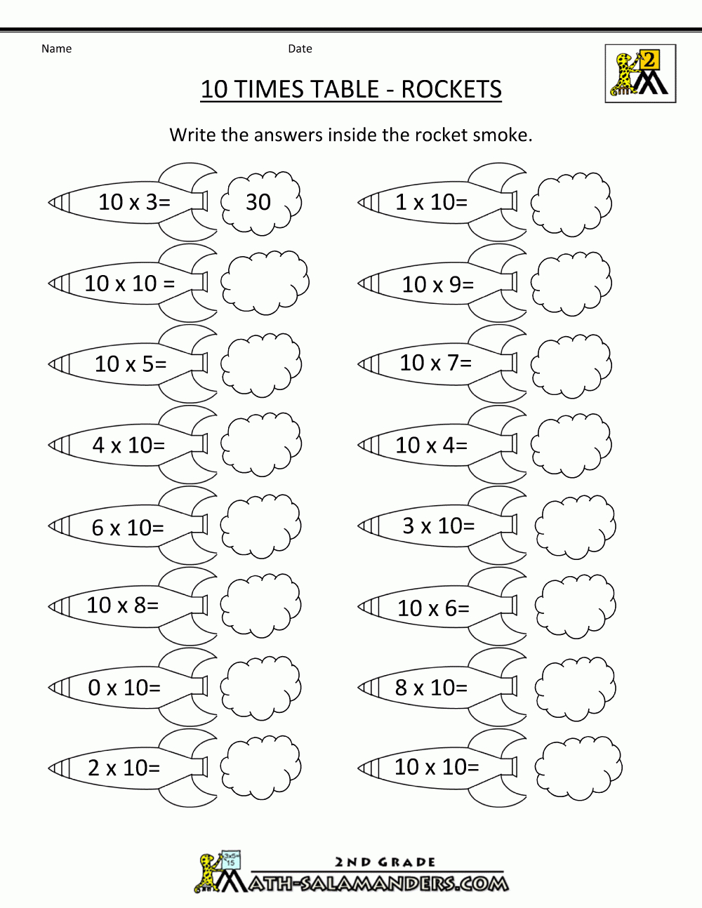 10 Times Table in Multiplication Worksheets Up To 10