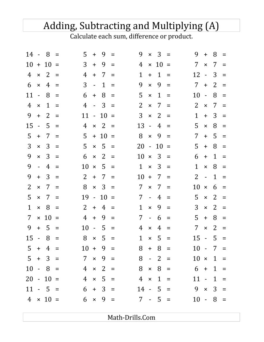 100 Horizontal Addition/subtraction/multiplication Questions intended for Multiplication Worksheets Horizontal