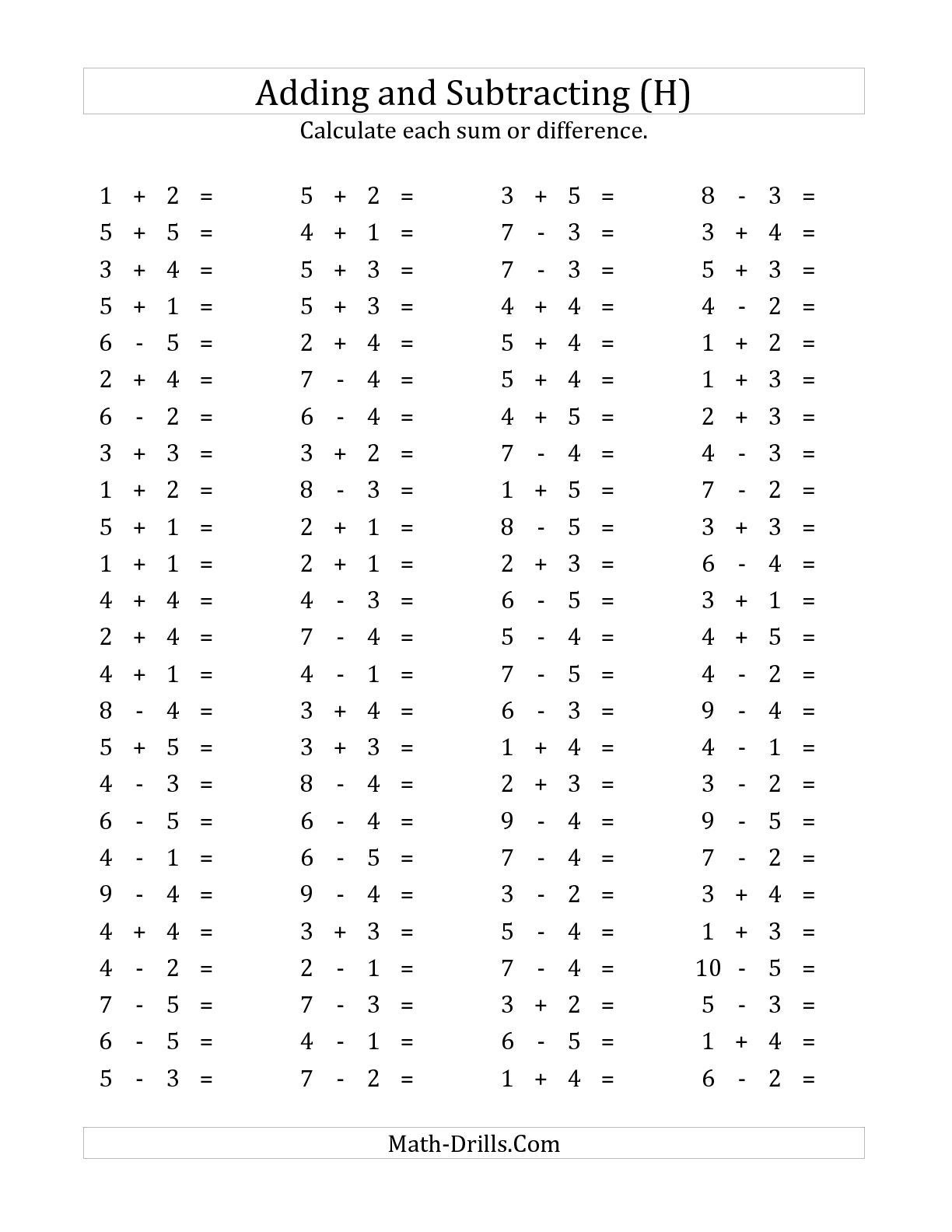 100 Horizontal Addition/subtraction Questions (Facts 1 To 5 inside Multiplication Worksheets Horizontal