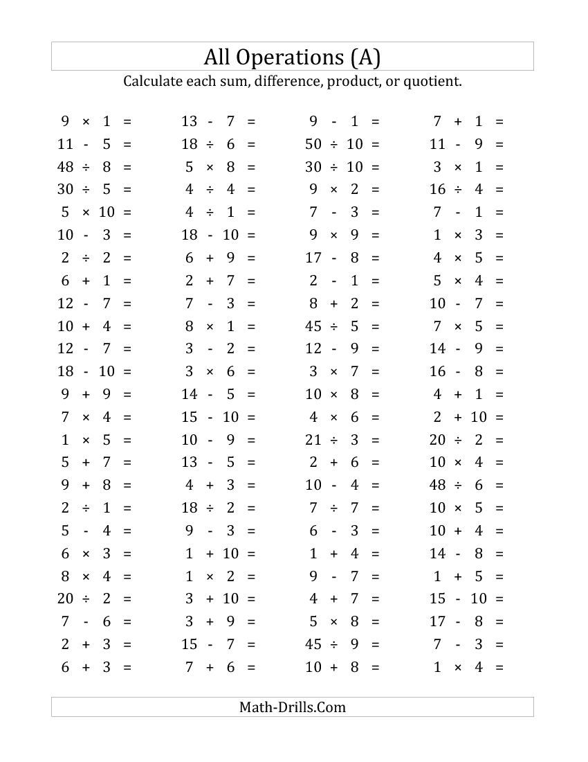 100 Horizontal Mixed Operations Questions (Facts 1 To 10) (A within Multiplication Worksheets Horizontal