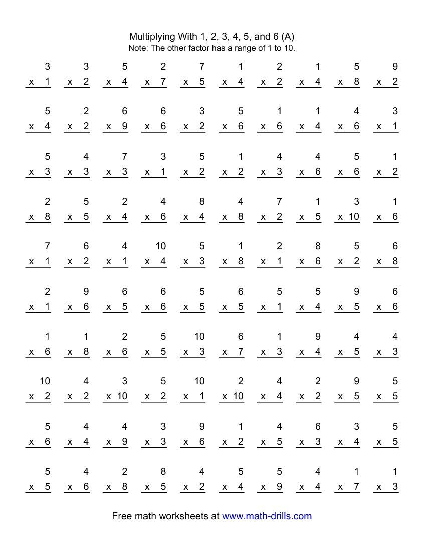 100 Vertical Questions -- Multiplication Facts -- 1-61 with regard to Printable Multiplication Facts 6