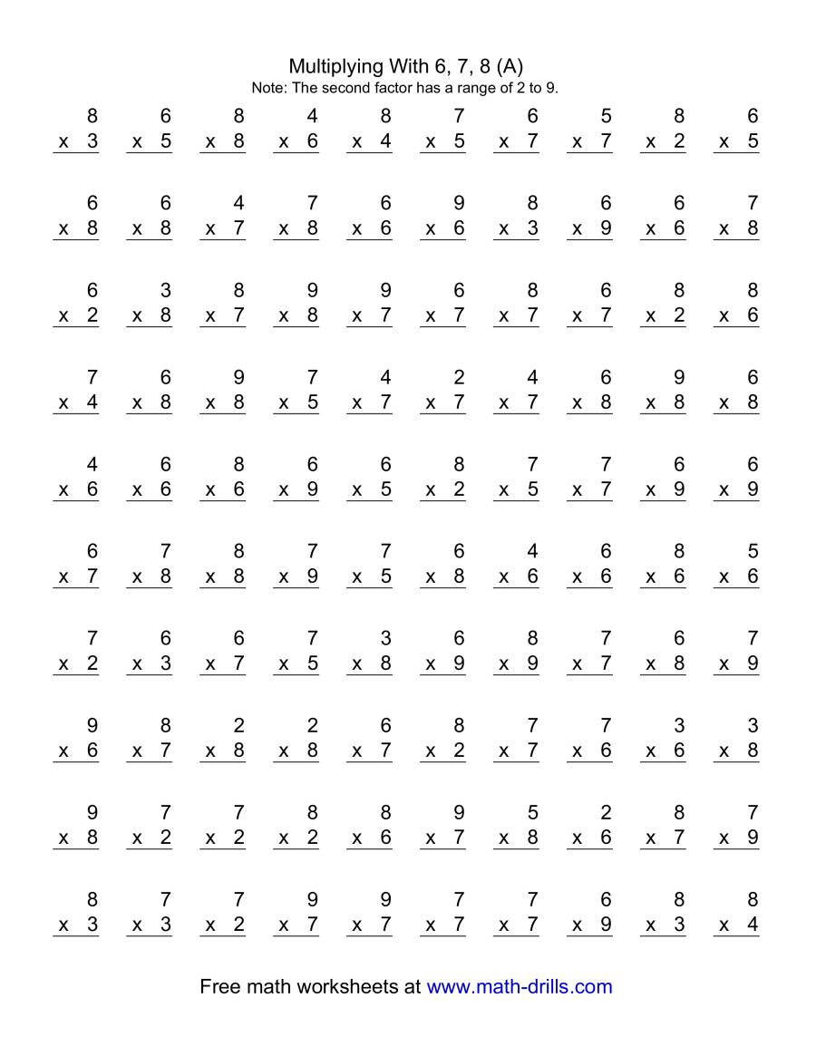 100 Vertical Questions -- Multiplication Facts -- 6-82-9 (A) regarding Printable Multiplication Facts 6