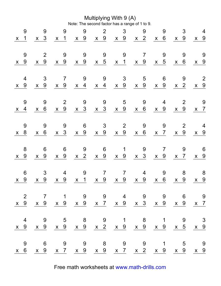 100 Vertical Questions -- Multiplication Facts -- 91-9 (A) within 9 Multiplication Worksheets