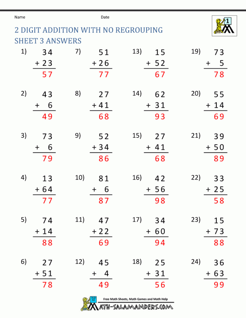 2 Digit Addition Without Regrouping for Multiplication Worksheets No Carrying