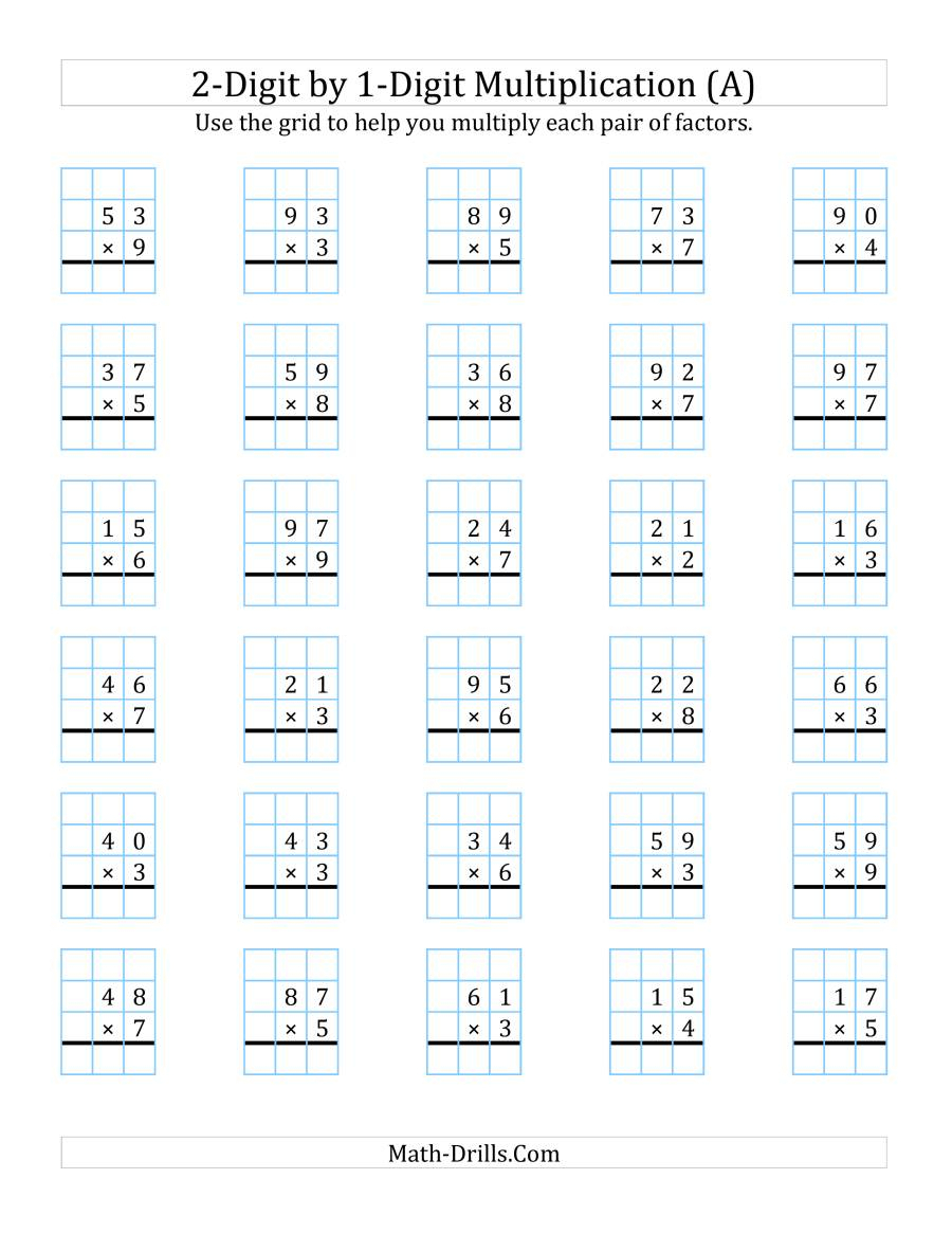 2-Digit1-Digit Multiplication With Grid Support (A) regarding Multiplication Worksheets No Carrying