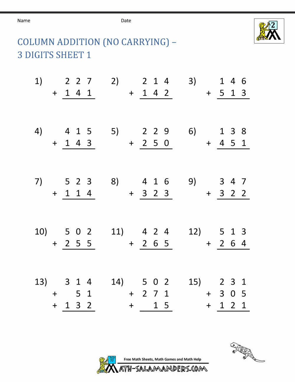 3 Digit Addition Worksheets pertaining to Multiplication Worksheets No Carrying