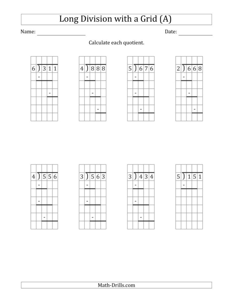 3 digit1 digit long division with remainders with grid in printable