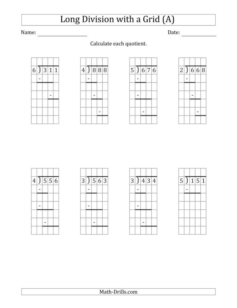 3-Digit1-Digit Long Division With Remainders With Grid in Printable Multiplication Grid Worksheet Generator