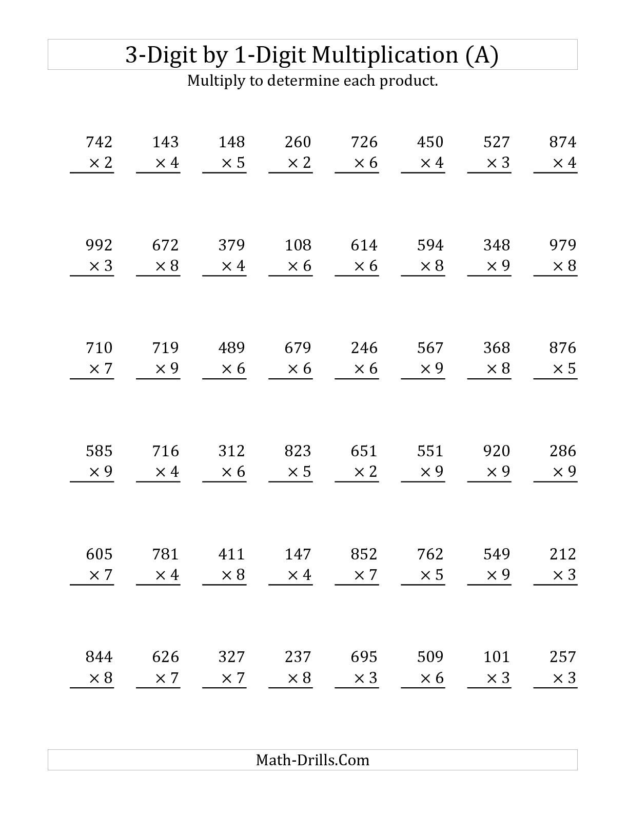 3-Digit1-Digit Multiplication (A) Math Worksheet within Free Printable Long Multiplication 3-Digit1-Digit Multiplication (A) Math Worksheet within Free Printable Long Multiplication