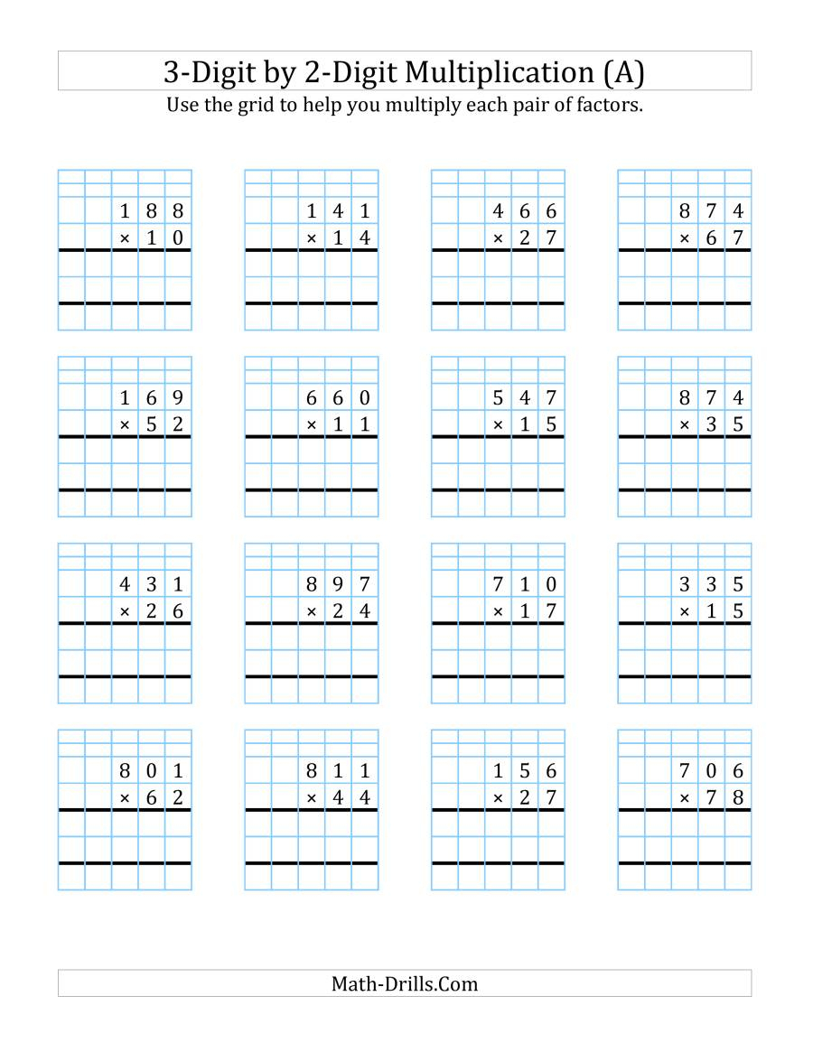 3-Digit2-Digit Multiplication With Grid Support (A) in Printable Long Multiplication