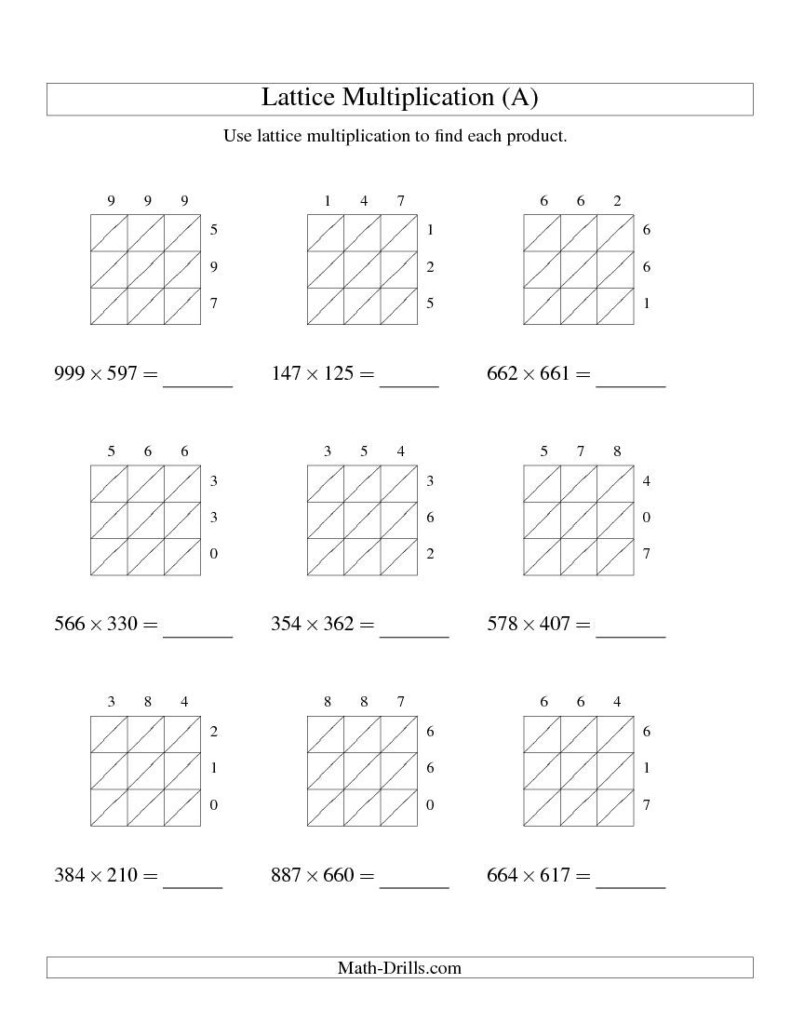 3 Digit3 Digit Lattice Multiplication (A) Math Worksheet For Free Printable Lattice Multiplication Grids 3 Digit3 Digit Lattice Multiplication (A) Math Worksheet For Free Printable Lattice Multiplication Grids