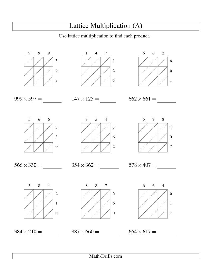 3-Digit3-Digit Lattice Multiplication (A) Math Worksheet for Free Printable Lattice Multiplication Grids