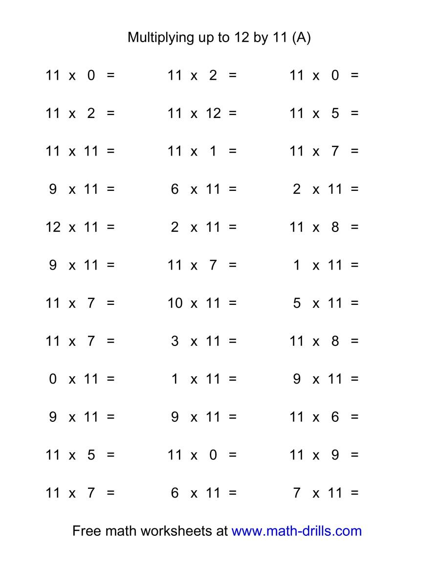 36 Horizontal Multiplication Facts Questions -- 110-12 (A) for Printable Multiplication Quizzes 0-12