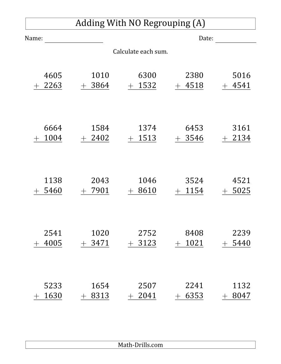 4-Digit Plus 4-Digit Addition With No Regrouping (A) pertaining to Multiplication Worksheets No Carrying