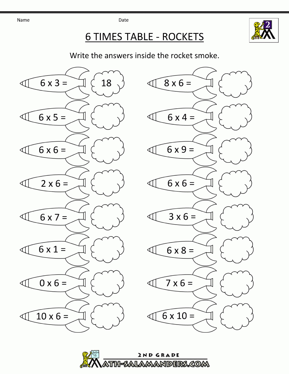 6 Times Table in Printable Multiplication Facts 6