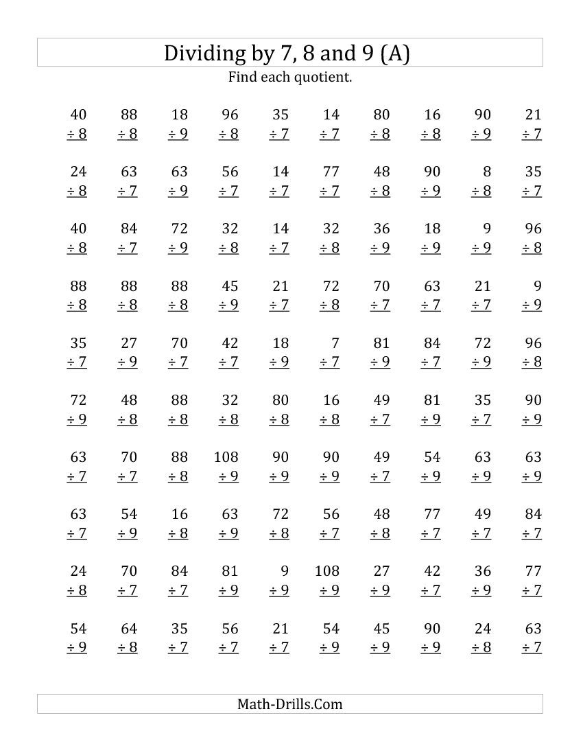 7,8 &amp;amp; 9 Division Worksheets intended for Multiplication Worksheets Year 8