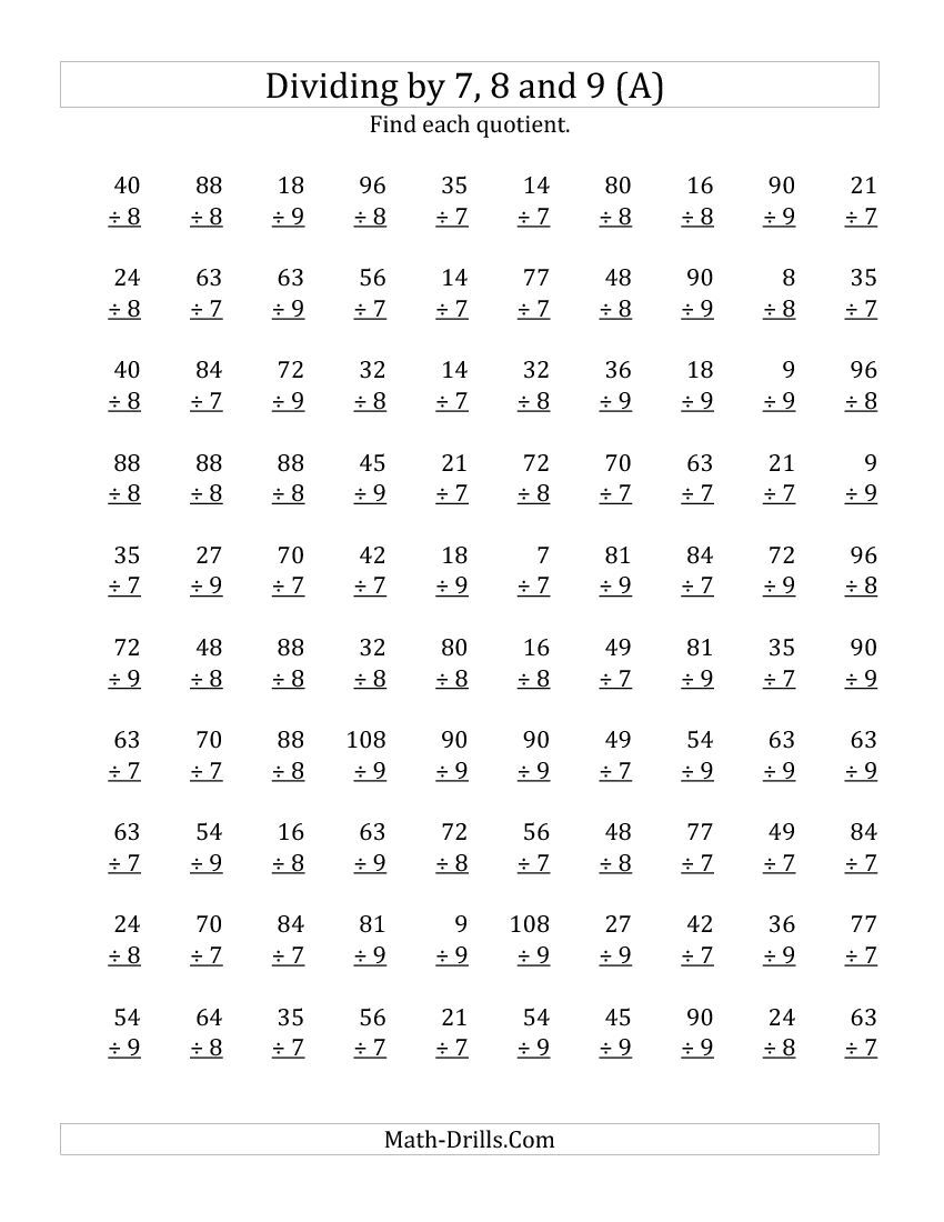 7,8 &amp;amp; 9 Division Worksheets with Multiplication Worksheets 8 Grade