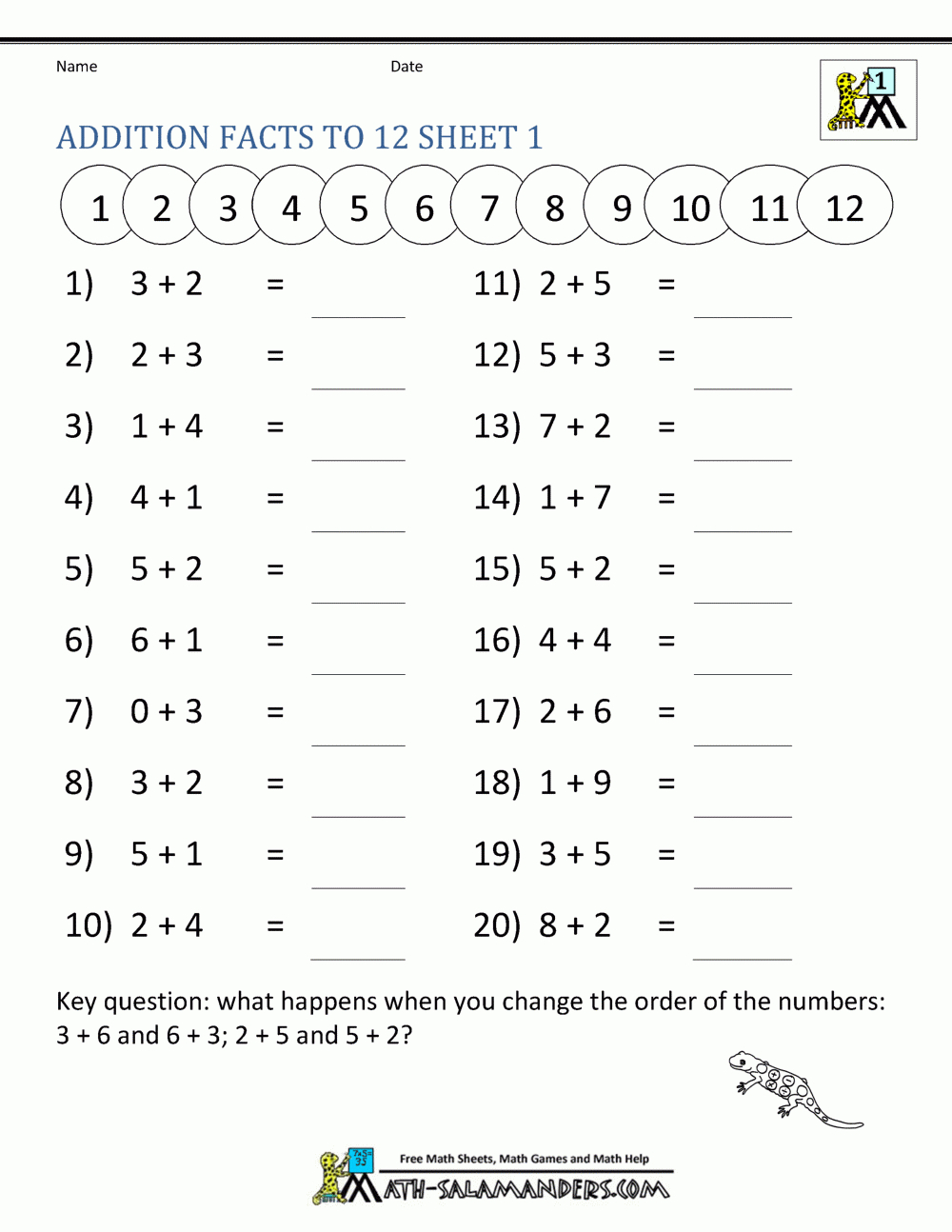 Addition Facts To 20 Worksheets inside Printable Multiplication Worksheets Up To 12