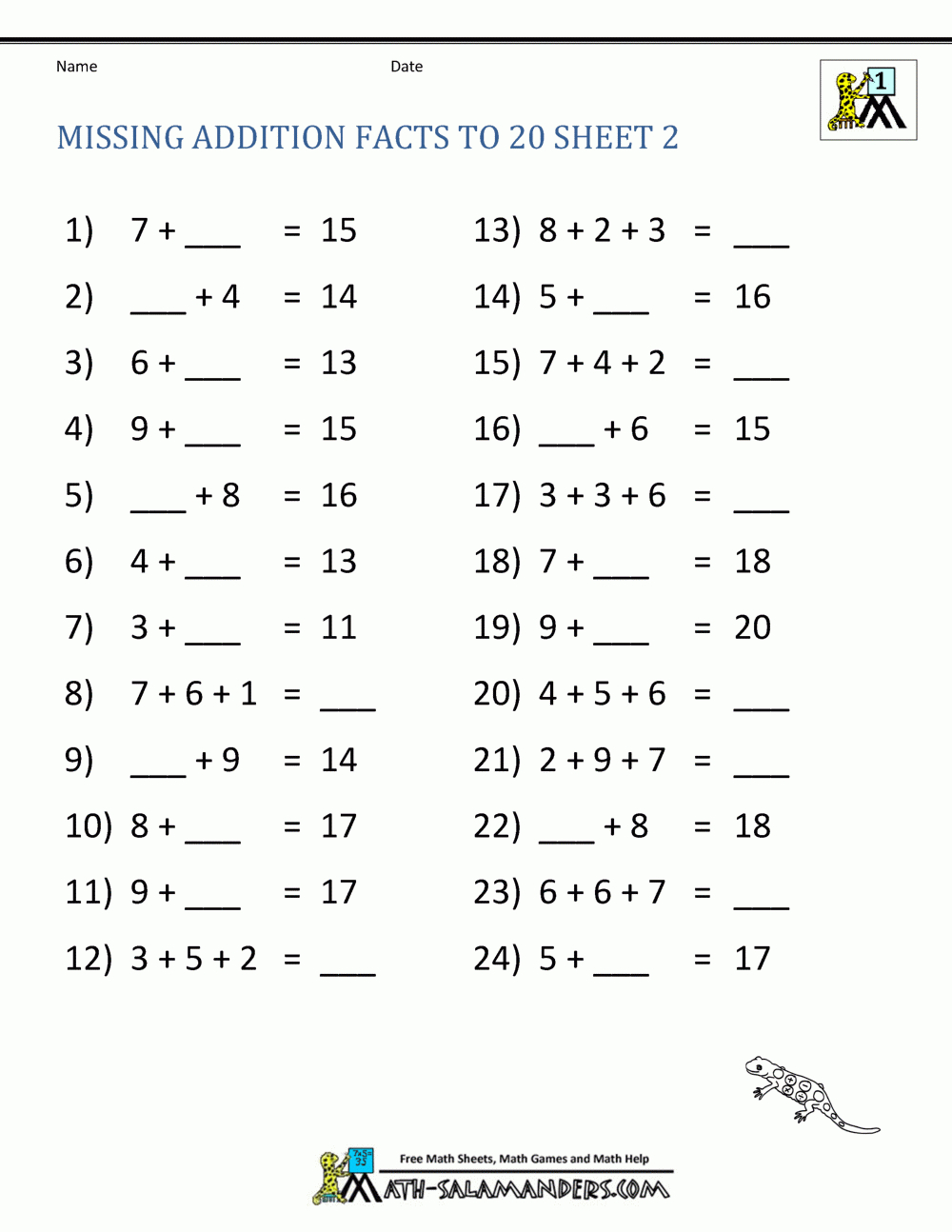 Addition Facts To 20 Worksheets - Math-Salamanders with Printable Multiplication Practice Worksheets
