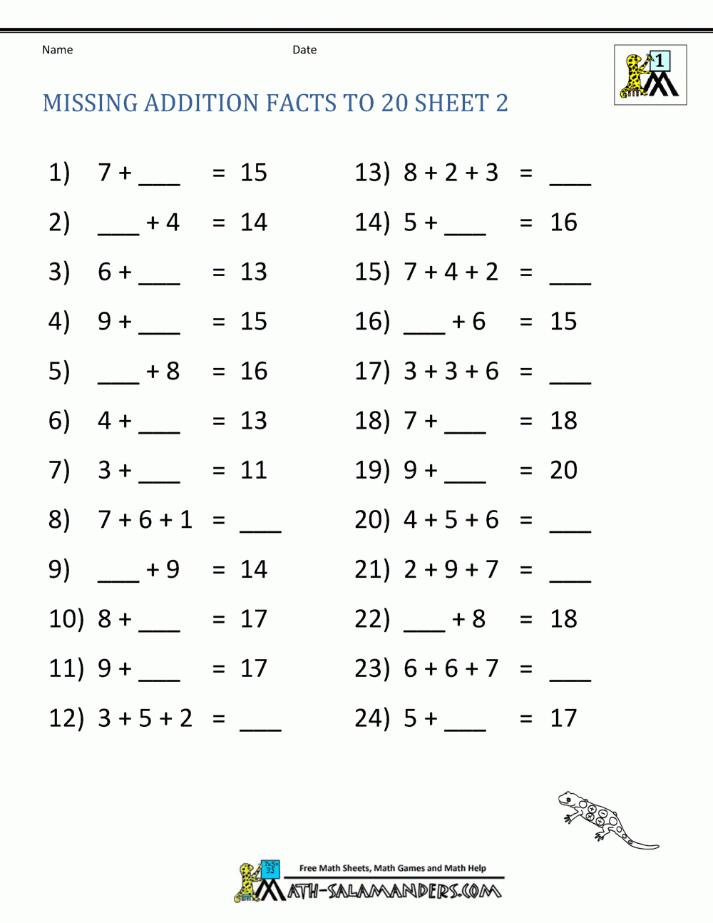 Addition Facts To 20 Worksheets – Math-Salamanders with Printable Multiplication Practice Worksheets Addition Facts To 20 Worksheets - Math-Salamanders with Printable Multiplication Practice Worksheets