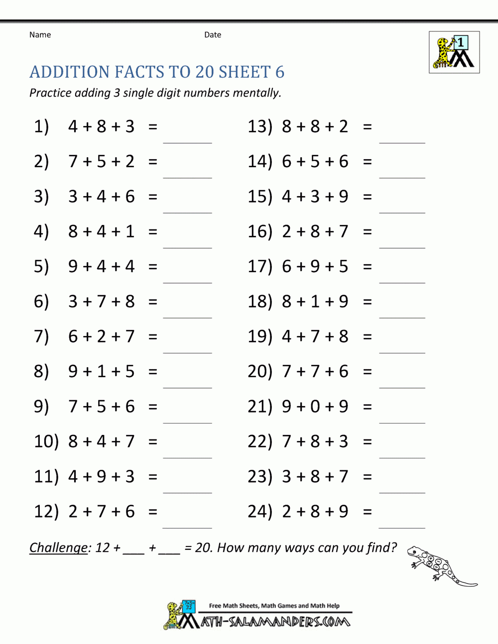 Addition Facts To 20 Worksheets with Printable Multiplication Flash Cards 1-15