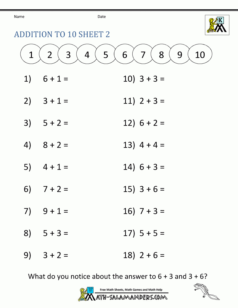 Addition Math Worksheets For Kindergarten intended for Multiplication Worksheets Up To 10