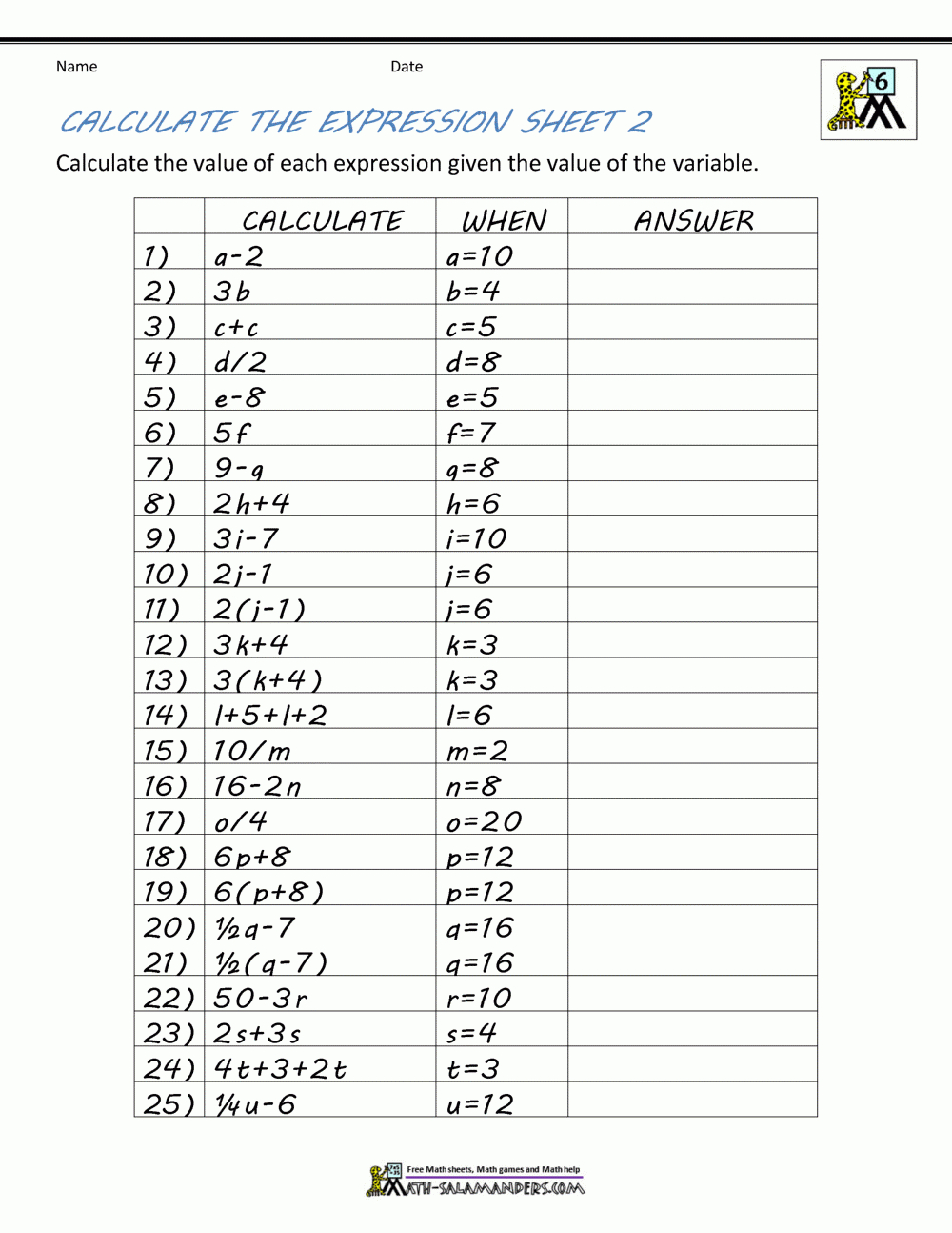 Basic Algebra Worksheets 6Th Grade Homework Sheets H regarding Multiplication Worksheets 6 Grade