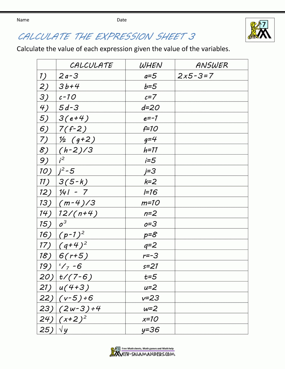 Basic Algebra Worksheets with Multiplication Worksheets 7Th Grade Pdf