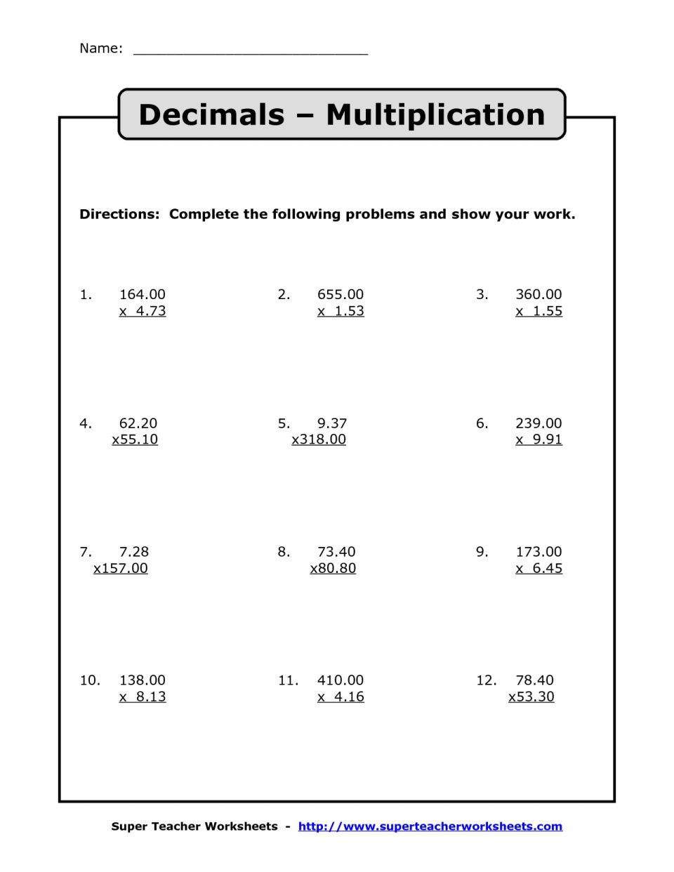 Decimal Division Worksheets Multiplication With Decimals with Worksheets Multiplication Of Decimals