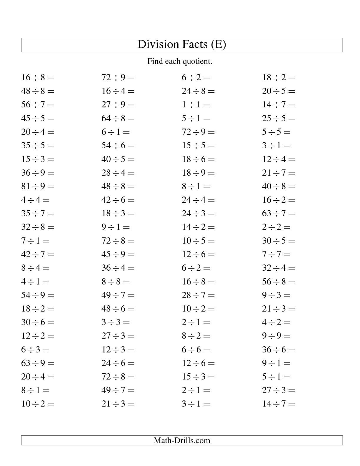 Division Facts To 81 No Zeros (E) Math Worksheet #freemath within Multiplication Worksheets Horizontal