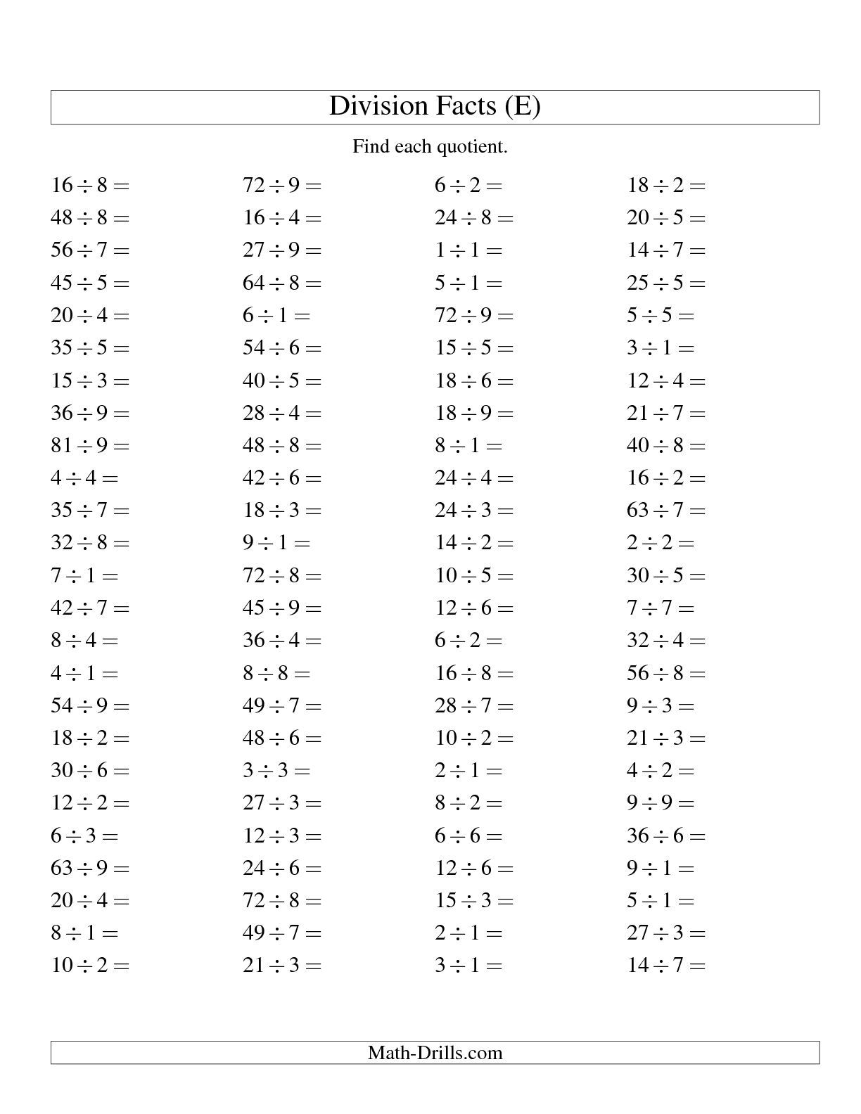 Division Facts To 81 No Zeros (E) Math Worksheet #freemath within Multiplication Worksheets Horizontal Division Facts To 81 No Zeros (E) Math Worksheet #freemath within Multiplication Worksheets Horizontal