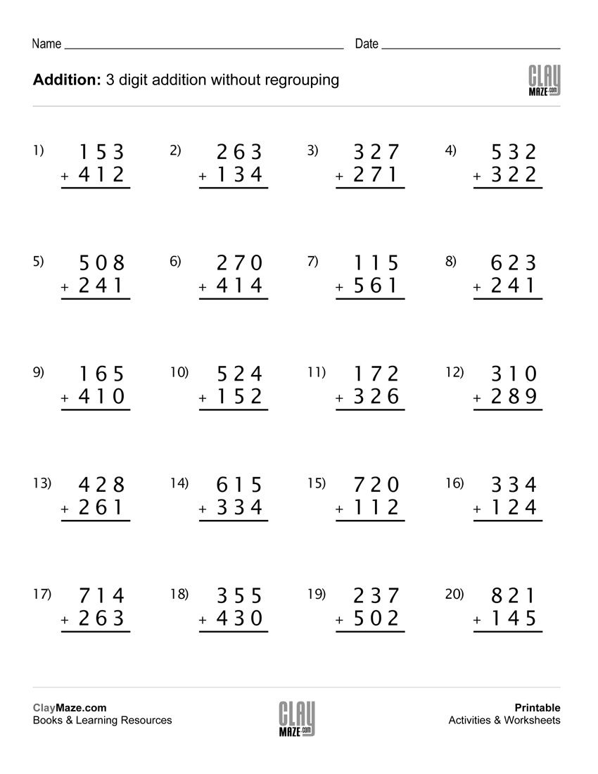 Download Our Free Printable 3-Digit Addition Worksheet regarding Multiplication Worksheets No Carrying