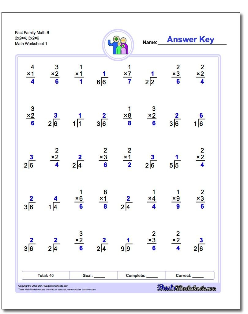 Fact Family Worksheet Math B 2X2=4, 3X2=6! Fact Family in Printable Multiplication 2X2