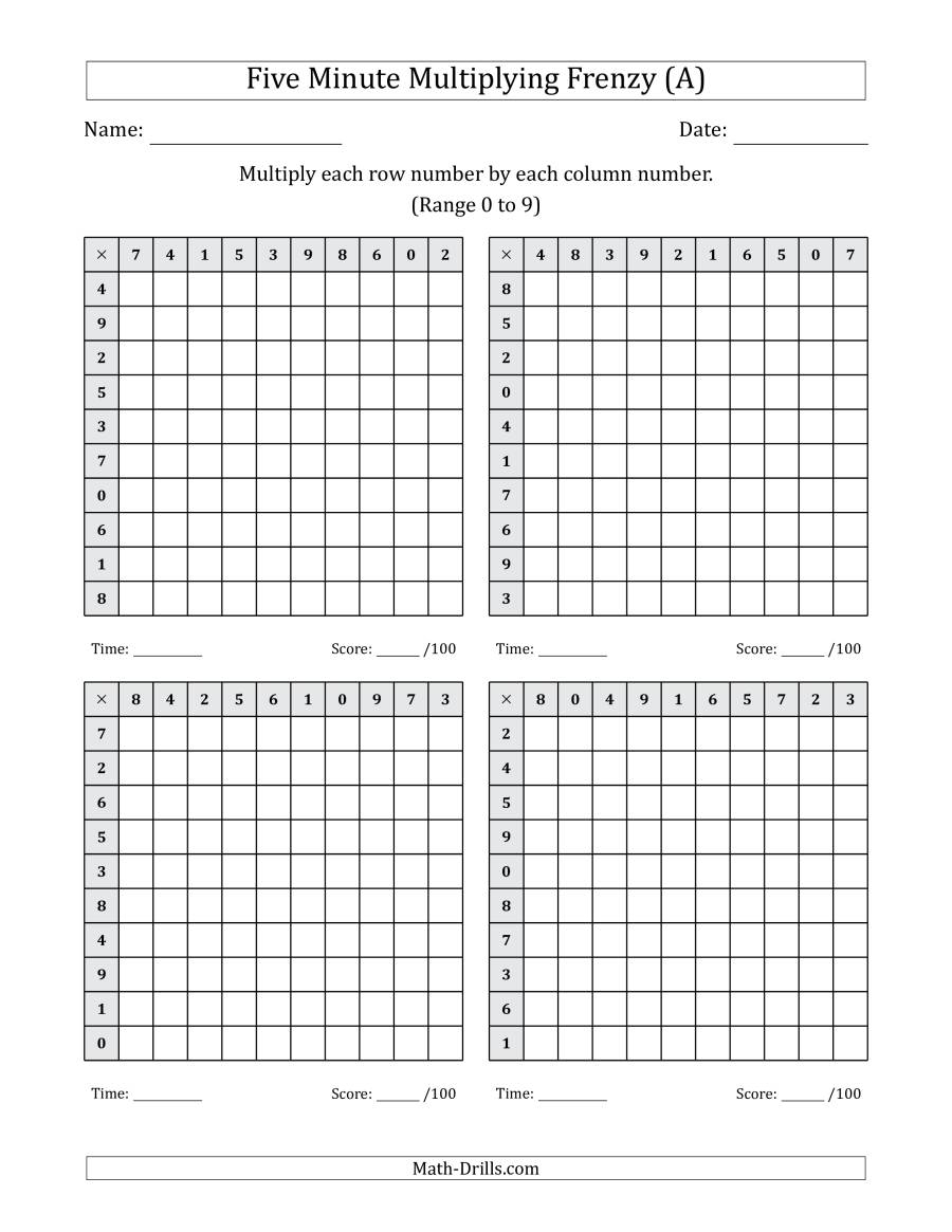 Five Minute Multiplying Frenzy (Factor Range 0 To 9) (4 for Printable Multiplication Chart 0-9