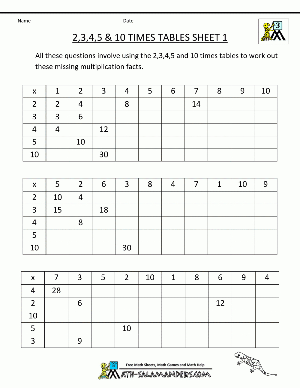 Free-Math-Sheets-Multiplication-2-3-4-5-10-Times-Tables-1 pertaining to Worksheets In Multiplication