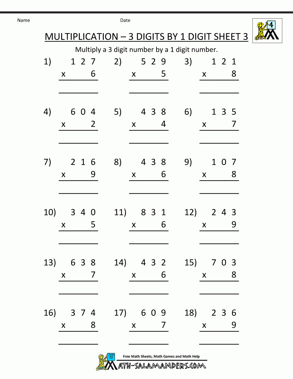 Free Math Sheets Multiplication 3 Digits1 Digit 3 | Math for Multiplication Quiz Printable 4Th Grade