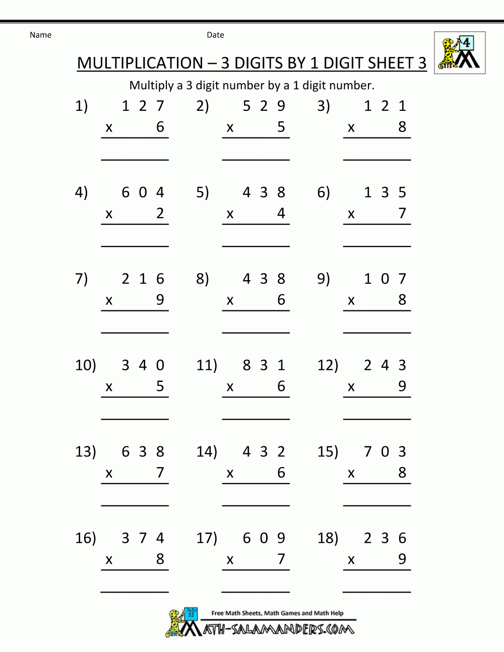 Free Math Sheets Multiplication 3 Digits1 Digit 3 | Math pertaining to Multiplication Worksheets Year 3 Free