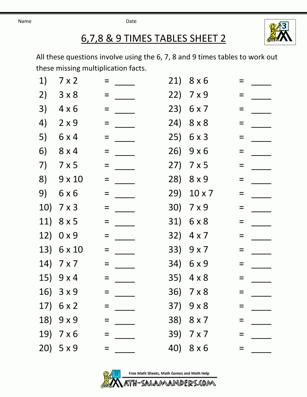 Free Math Sheets Multiplication 6 7 8 9 Times Tables 2 throughout Multiplication Worksheets Hundreds