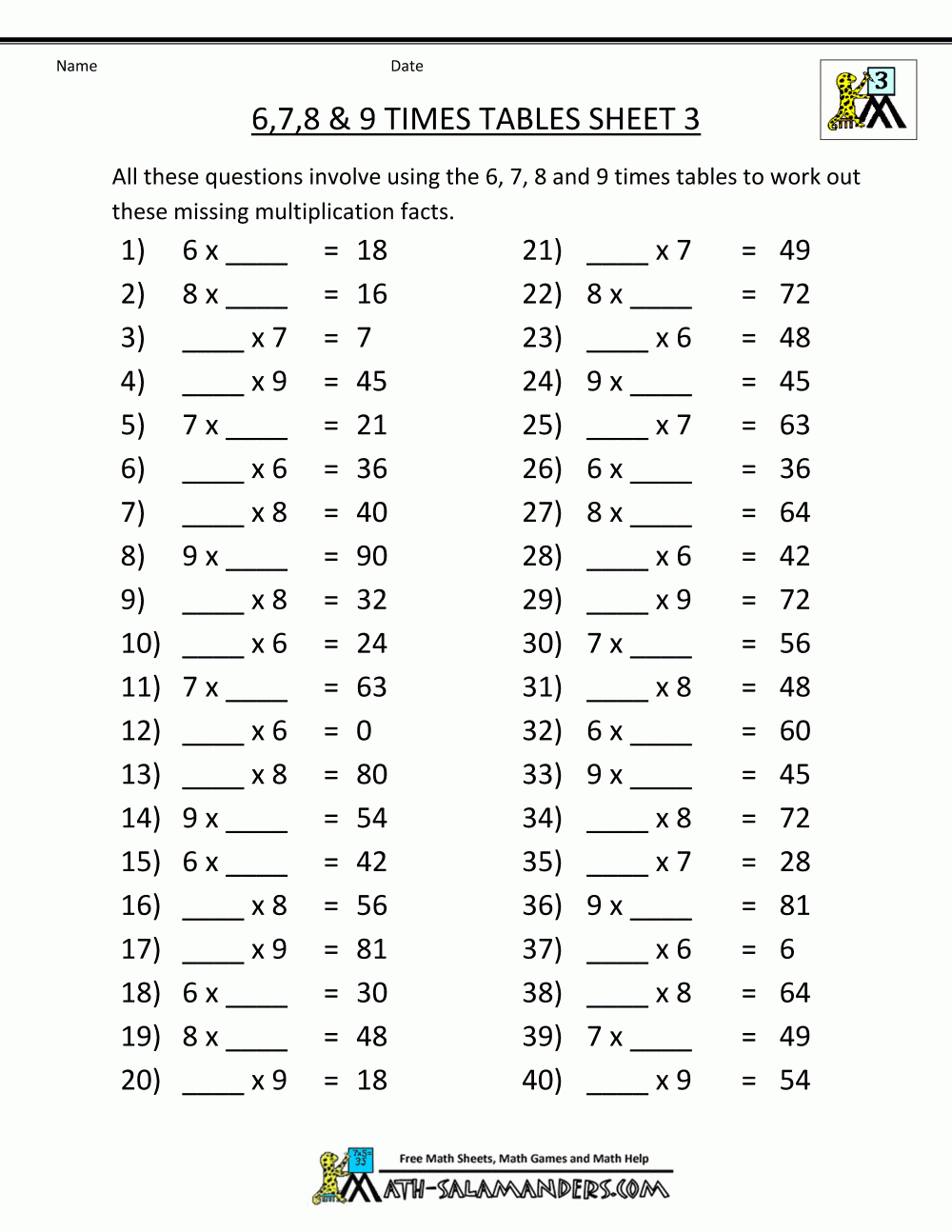 Free Multiplication Worksheets 6 7 8 9 Times Tables 3 | 4Th inside Worksheets Multiplication 6