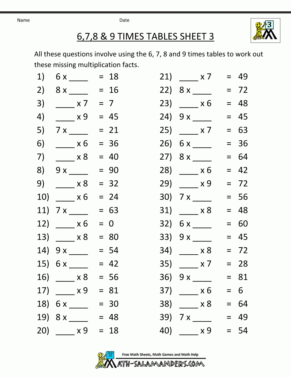 Free Multiplication Worksheets 6 7 8 9 Times Tables 3 regarding Multiplication Worksheets Year 8