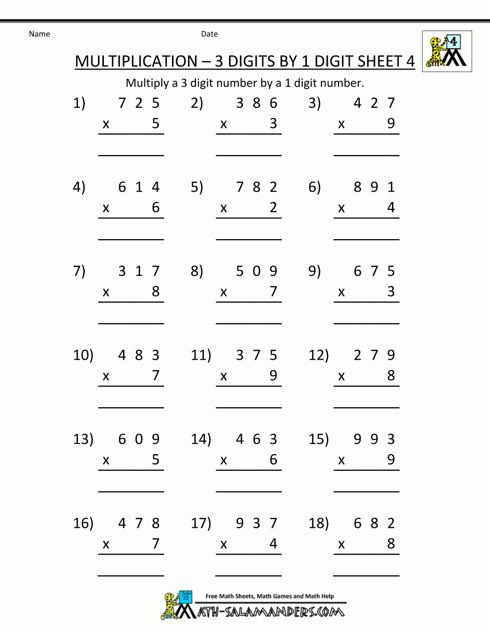 Free Multiplication Worksheets Multiplication 3 Digits1 in Worksheets In Multiplication For Grade 4