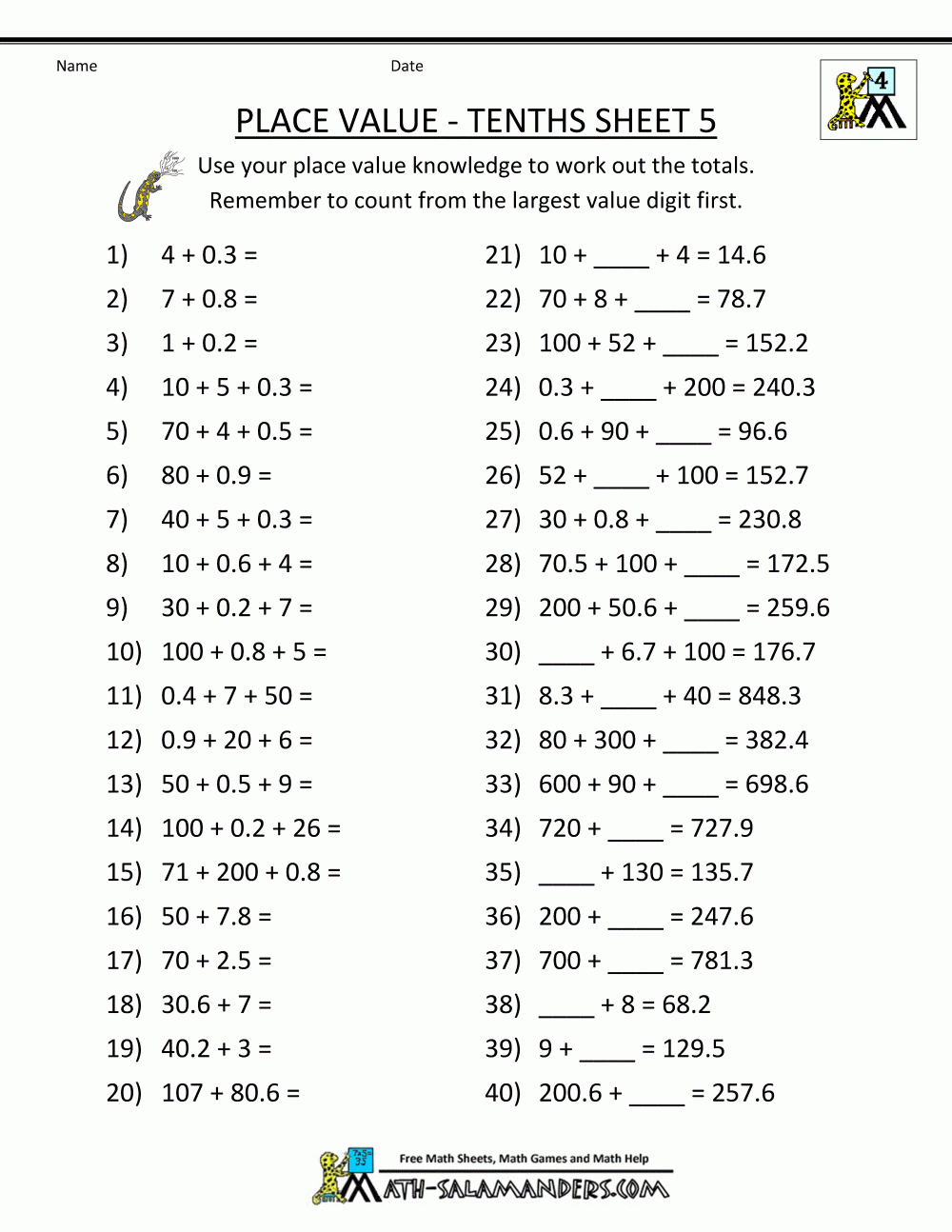 Free Online Math Worksheets Place Value Tenths 5 with Multiplication Worksheets Online