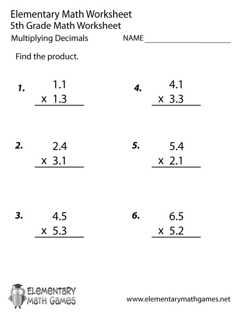 Free Printable Decimals Multiplication Worksheet For Fifth Grade Regarding Worksheets Multiplication Of Decimals
