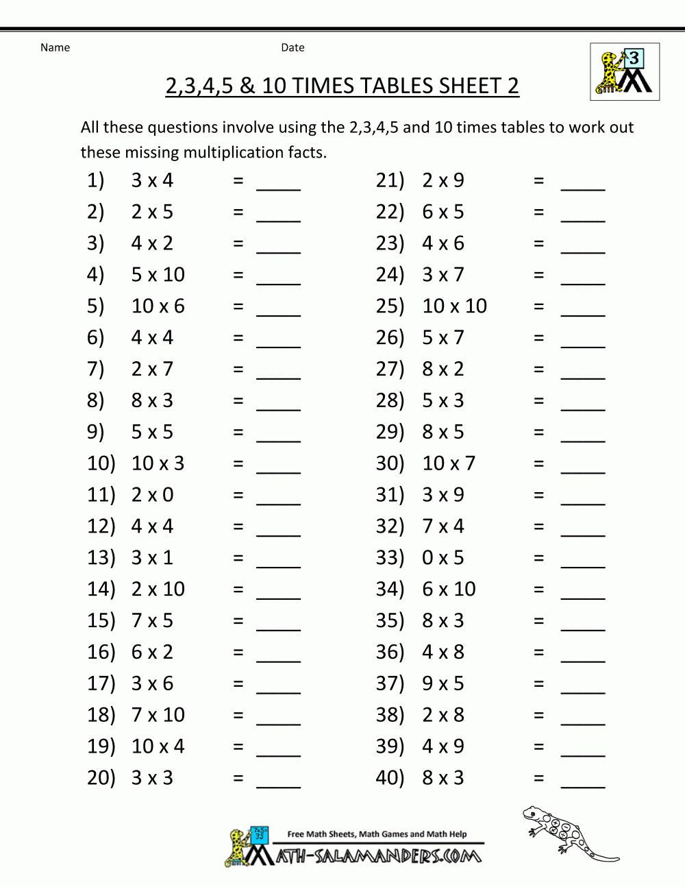 Free Printable Math Sheets Multiplication 2 3 4 5 10 Times in Printable Multiplication Worksheets Free