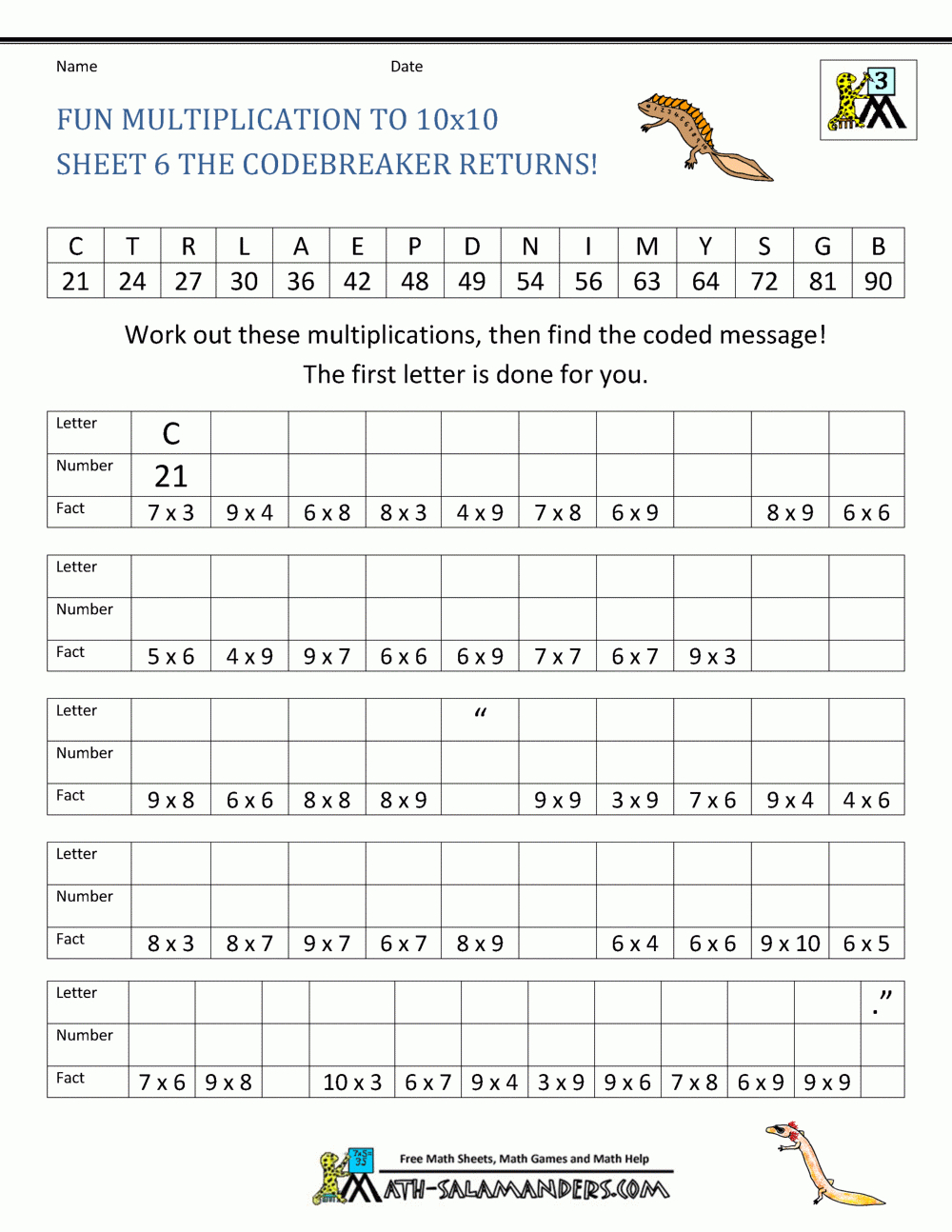 X6 Multiplication Practice Worksheets