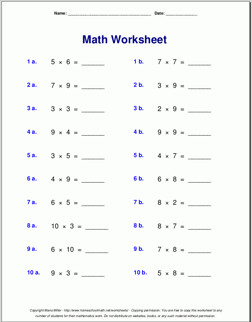 Grade 4 Multiplication Worksheets for Printable Multiplication Sprints
