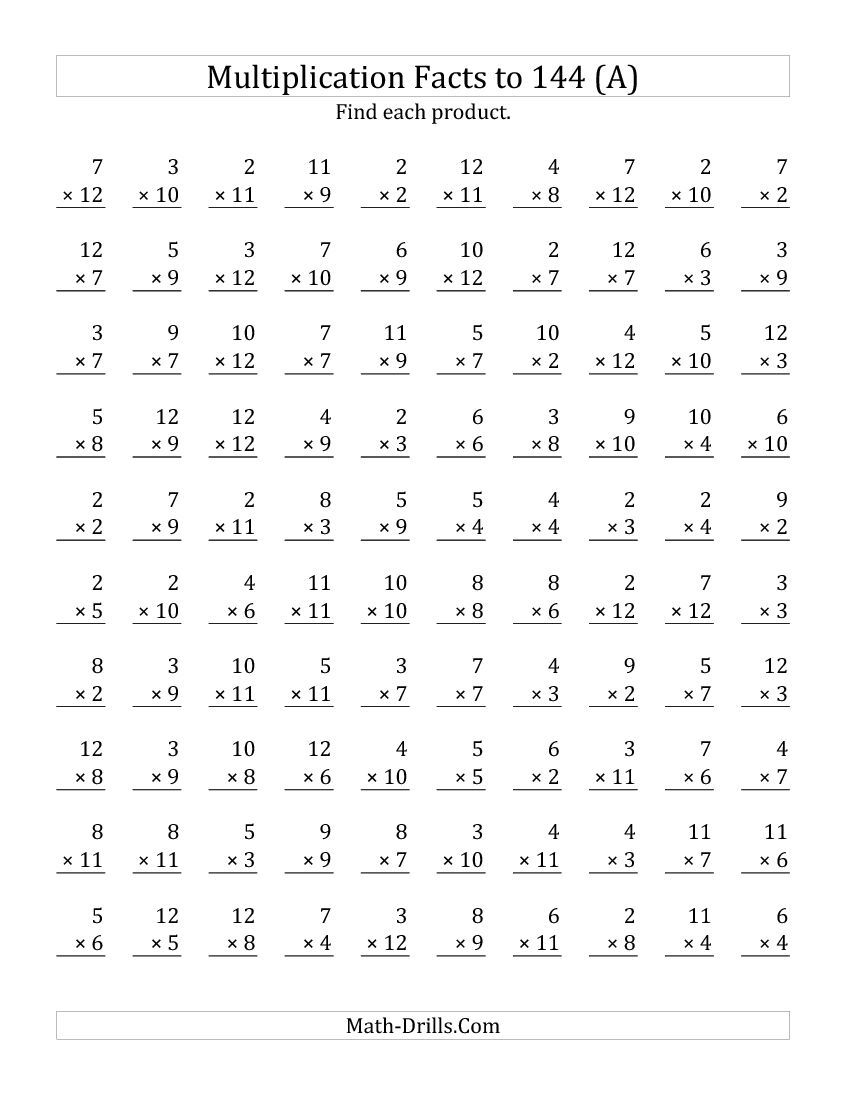 Great Worksheet For Math Drills. Multiplication Facts To 144 regarding Free Printable Multiplication Drill Sheets