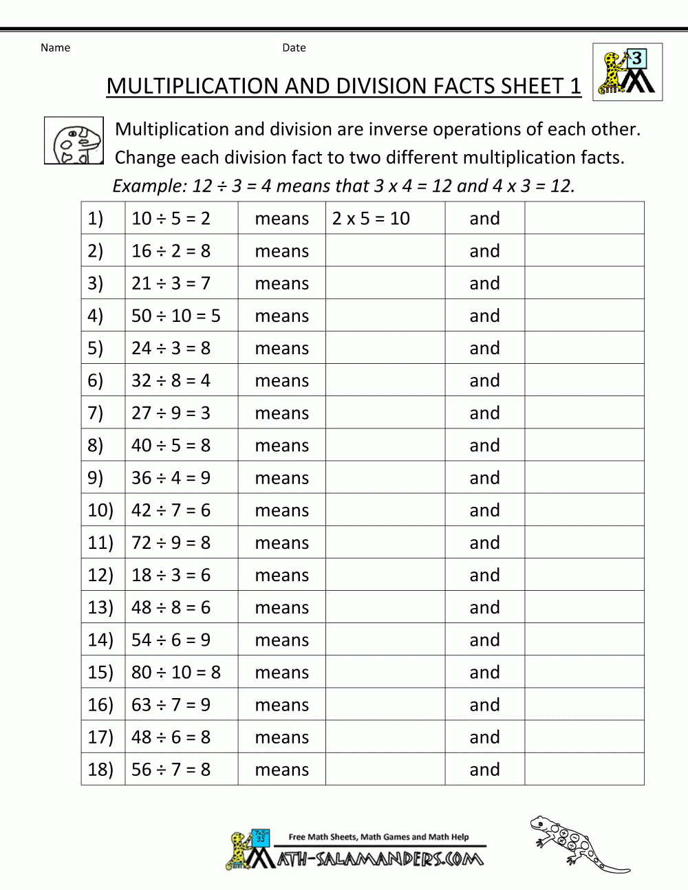 Math Facts Worksheets Multiplication Division Facts 1 inside Worksheets In Multiplication And Division