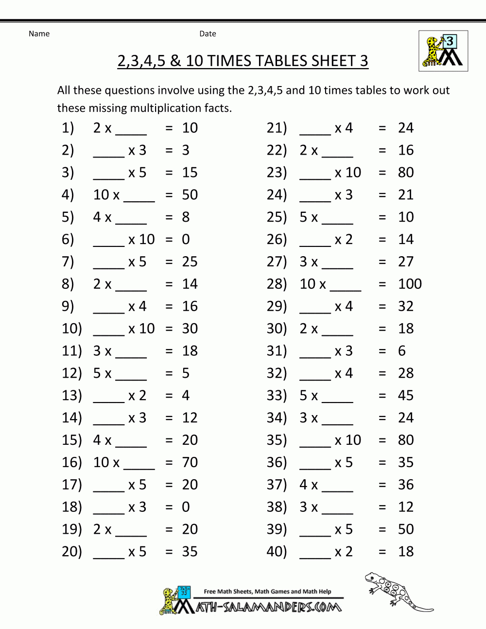 Math Worksheets 3Rd Grade Multiplication 2 3 4 5 10 Times for Multiplication Worksheets 8&amp;amp;#039;s And 9&amp;amp;#039;s